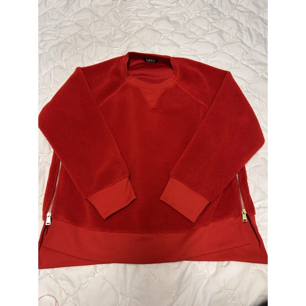 Vintage  Black Label Ralph Lauren Women's Large Red Sweatshirt Gold Zip Up Sides